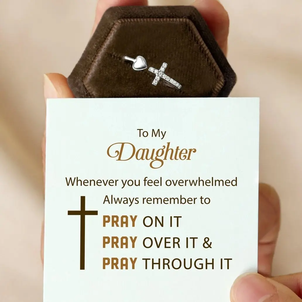Gift for daughter: heart-shaped cross adjustable ring