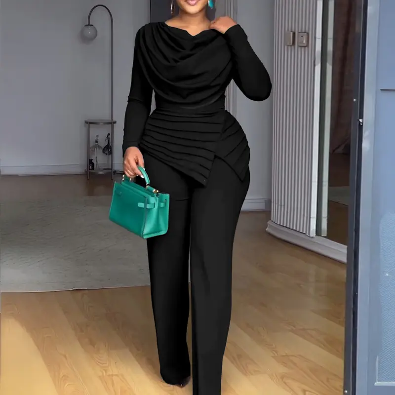 CHICME Women's Elegant Jumpsuit, Plain Long Sleeve Cowl Neck with Ruched Asymmetrical Patchwork, Regular Fit Straight Leg for Work & Evening, Casual, Elastane