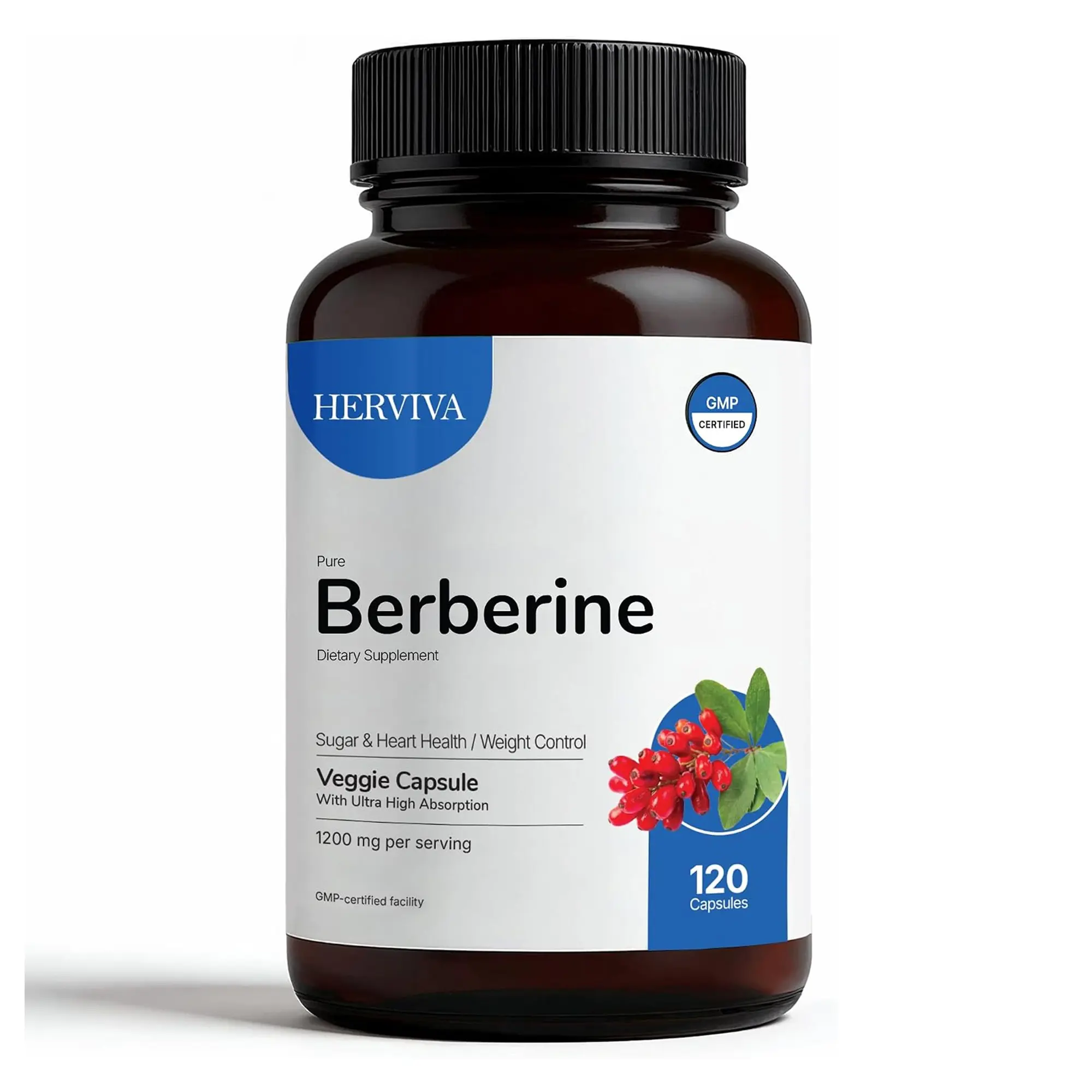 Herviva Pure Berberine HCl 1200mg - 120 Vegan Capsules High Purity Plant-Based Supplement Non-GMO & Gluten-Free GMP Certified