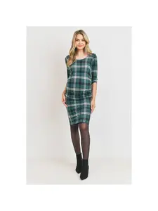 3/4 Sleeve Plaid Bodycon Maternity Dress - Hello Miz