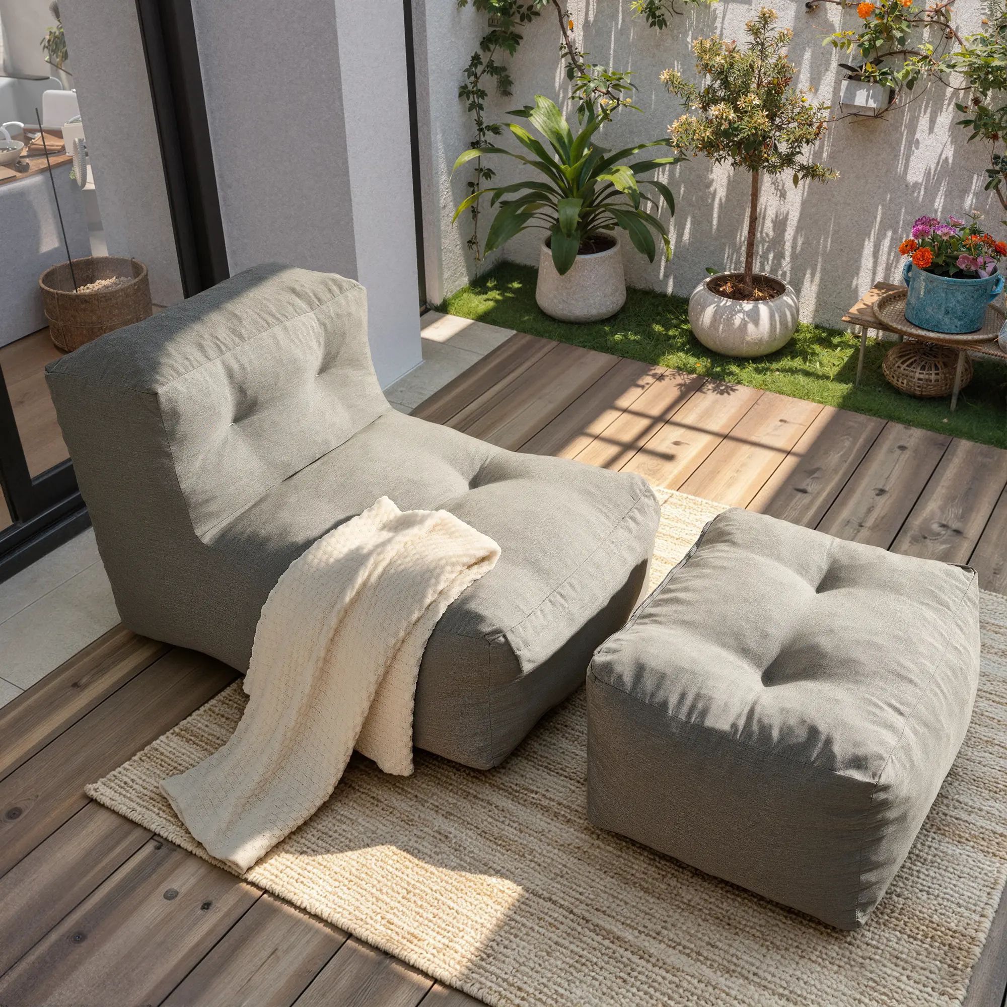CAODOC Big Bean Bag Lounger Chairs With Ottoman Outdoor Large Beanbag Chair for Adults Boneless Bean Bag Sofa with Granular Sponge Filled for Living Room, Bedroom,Balcony,Playroom,Waterproof and Stain-Resistant