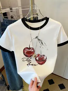Women's Milk Silk Fabric Soft Smooth Crewneck T-Shirt, Short Sleeve Cherry Print Loose Comfortable Youthful Fashion Casual Streetwear
