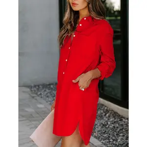 Women's Red Button-Up Shirt Dress with Pockets - Long Sleeve V-Neck Casual Tunic Top, Solid Color High-Quality Polyester, Machine Washable, Perfect for Casual Attire, Allseason Apparel |   Stylish Pockets |   Glossy Finish, Button Up Dress
