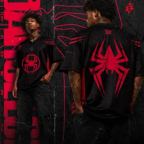 Catalonia Web Hero Black Red Soccer Jersey – Spider Graphic Short Sleeve Football Shirt, Unisex Match Day Fanwear, Urban Streetwear Top