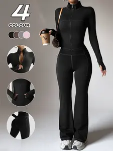 Women's Sporty Set, Sweatsuit Outfits, Zipper Long Sleeve Top & High Waist Wide Leg Pants, Casual Fashion, Comfortable Fit, Daily Wear