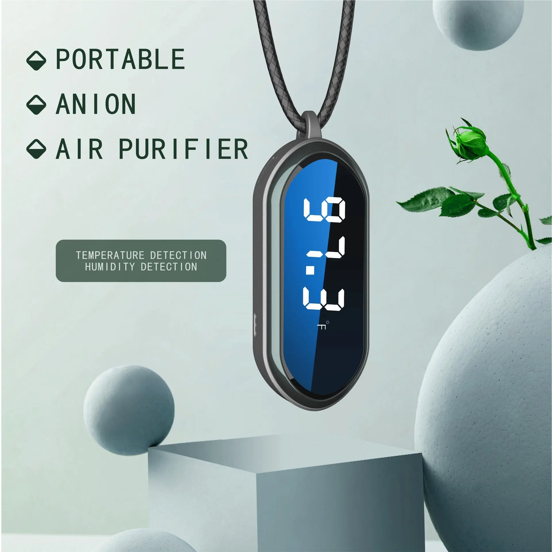 Black Portable Home Air Purifier (Less Than 10 sq m Coverage), Cordless Negative Ion Ionizer, Push Button Operation, 240mAh Battery, 5V Power Supply, USB Rechargeable Type-C Port, 24mW Output, 1 Wax Leather Lanyard, Metal Lanyard, User Manual Included