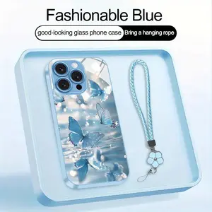 Blue Butterfly Metallic Paint Glass Phone Case with Lanyard for iPhone 16/16Plus/16Pro/16ProMax/15/15Plus/15Pro/15ProMax/14/14Plus/14Pro/14ProMax/13/13Pro/13ProMax/13Mini/12/12Pro/12mini/11/11ProMax/x/xr/xs/xsmax/7/8 Cute Couple Style Simple Lightweight B