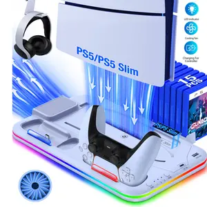 Kydlan PS5 Slim Stand and Turbo Cooling Station with Controller Charging Station for Playsation 5, PS5 Accessories Kits Incl. 3 Levels Cooling Fan, LED Light, 15 Game Slot, Headset Holder for PS5 Digital/Disc