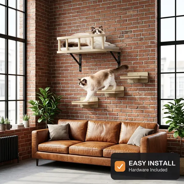 Cat Wall Furniture Set, Wall-Mounted Cat Shelves with 17" x 13" Cushioned Perch, Sisal Climbing Steps & Black Steel Brackets, Sturdy Solid Wood Cat Climbing Shelf for Large Cats, Modern Space-Saving Design
