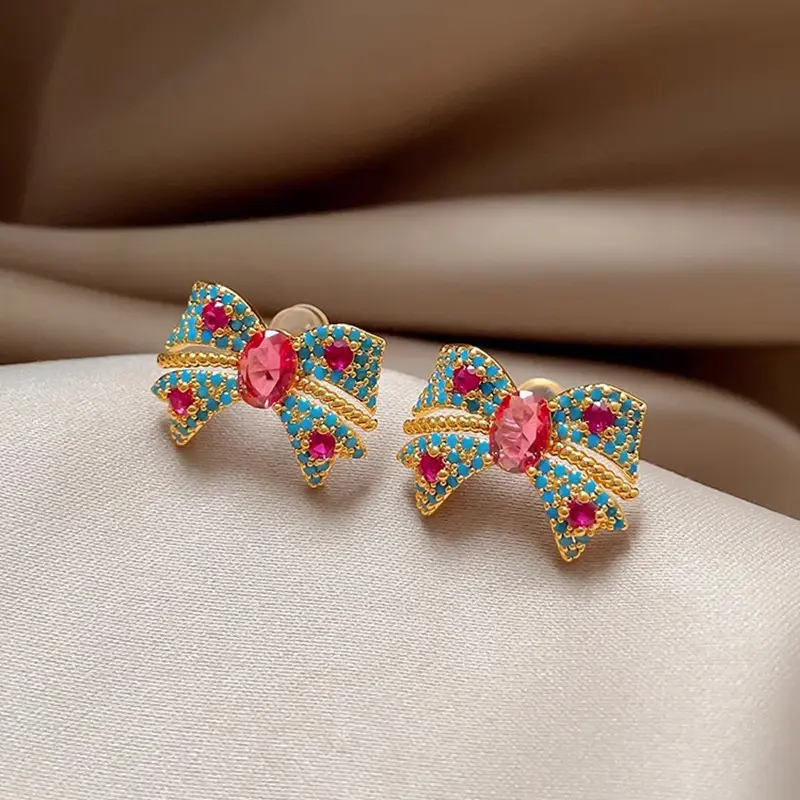 1 piece, lady's simple and retro-style bow-shaped stud Luxurious and high-end blue versatile earrings as accessories, set with colored synthetic zirconium, exquisite and shining. A precious jewelry gift for your girlfriend.Father's Day andDay gifts