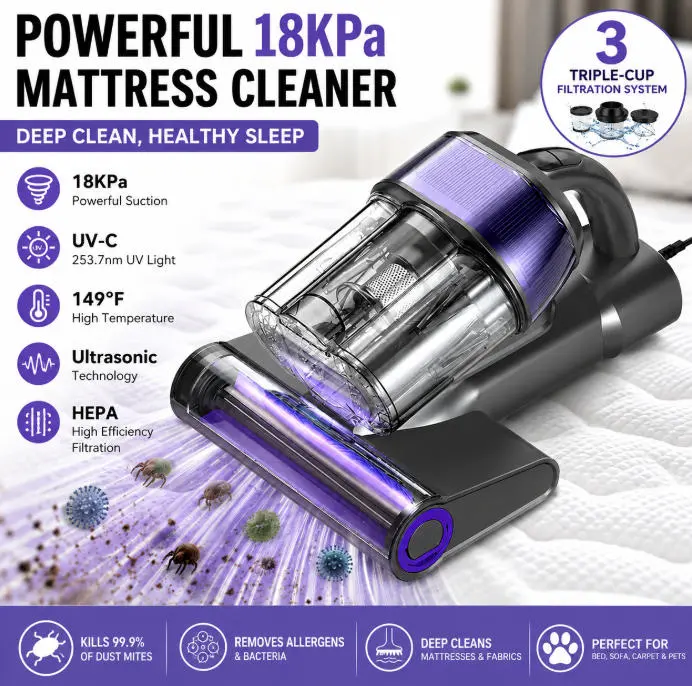 Corded Handheld Mattress Vacuum Cleaner with UV-C Light, 16Kpa Strong Suction, 30000 RPM Dual Drum Brushes, 140°F Hot Air, Ultrasonic Technology, 500W 220V Corded Unit for Deep Mattress & Fabric Cleaning, Bed Dust Removal