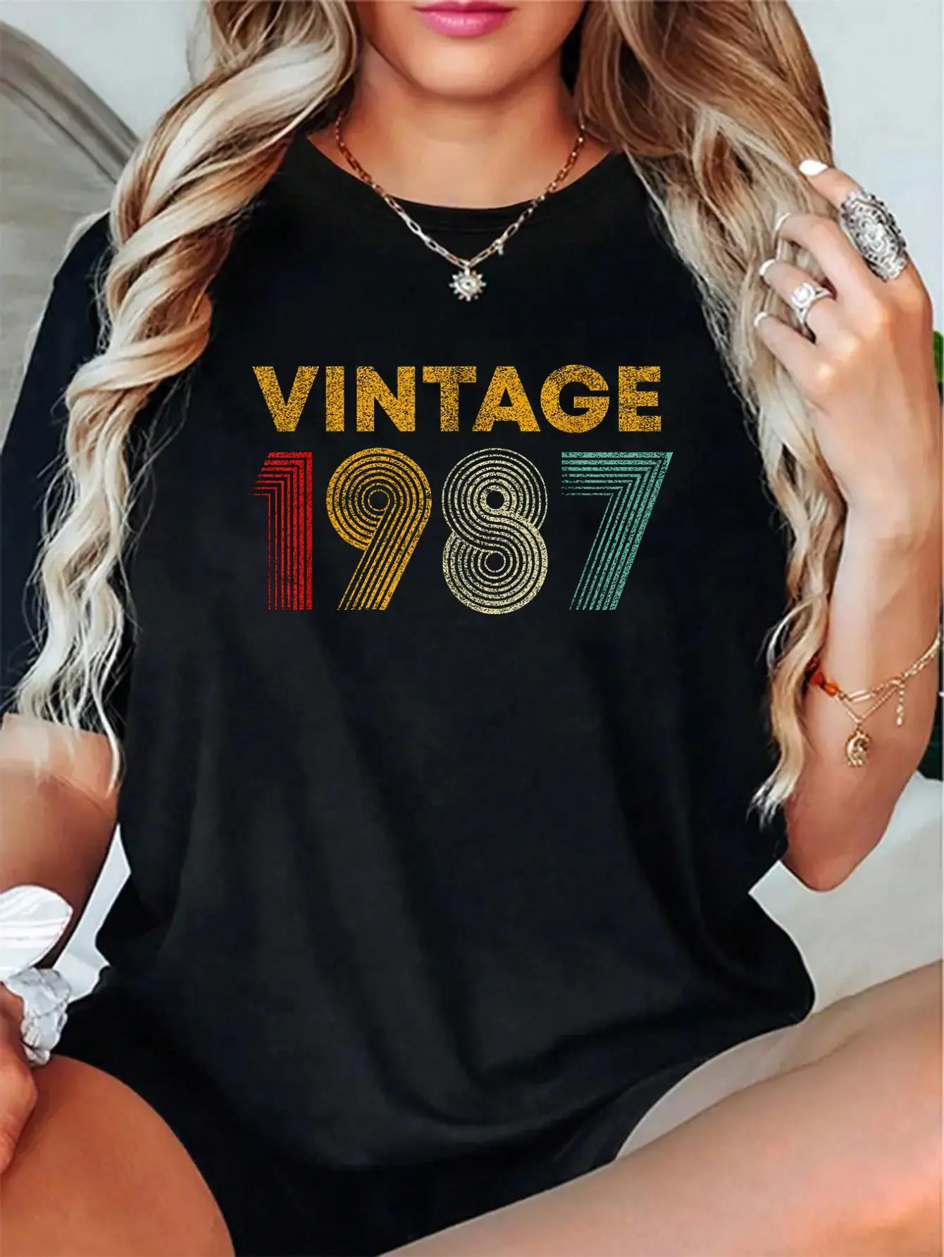 Women's 1987 38th Birthday Graphic T-Shirt, Soft 100% Breathable Cotton Short-Sleeve Round Neck Top, Casual Retro 80s Aesthetic Unisex Gift, All Seasons Relaxed Fit Digital Print Tee