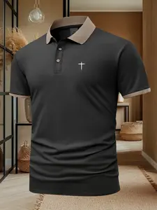 Men's Cross Print Casual Short Sleeve Polo Shirt, Summer Fashion Breathable Top, Stylish Leisure Wear, Perfect Gift Idea