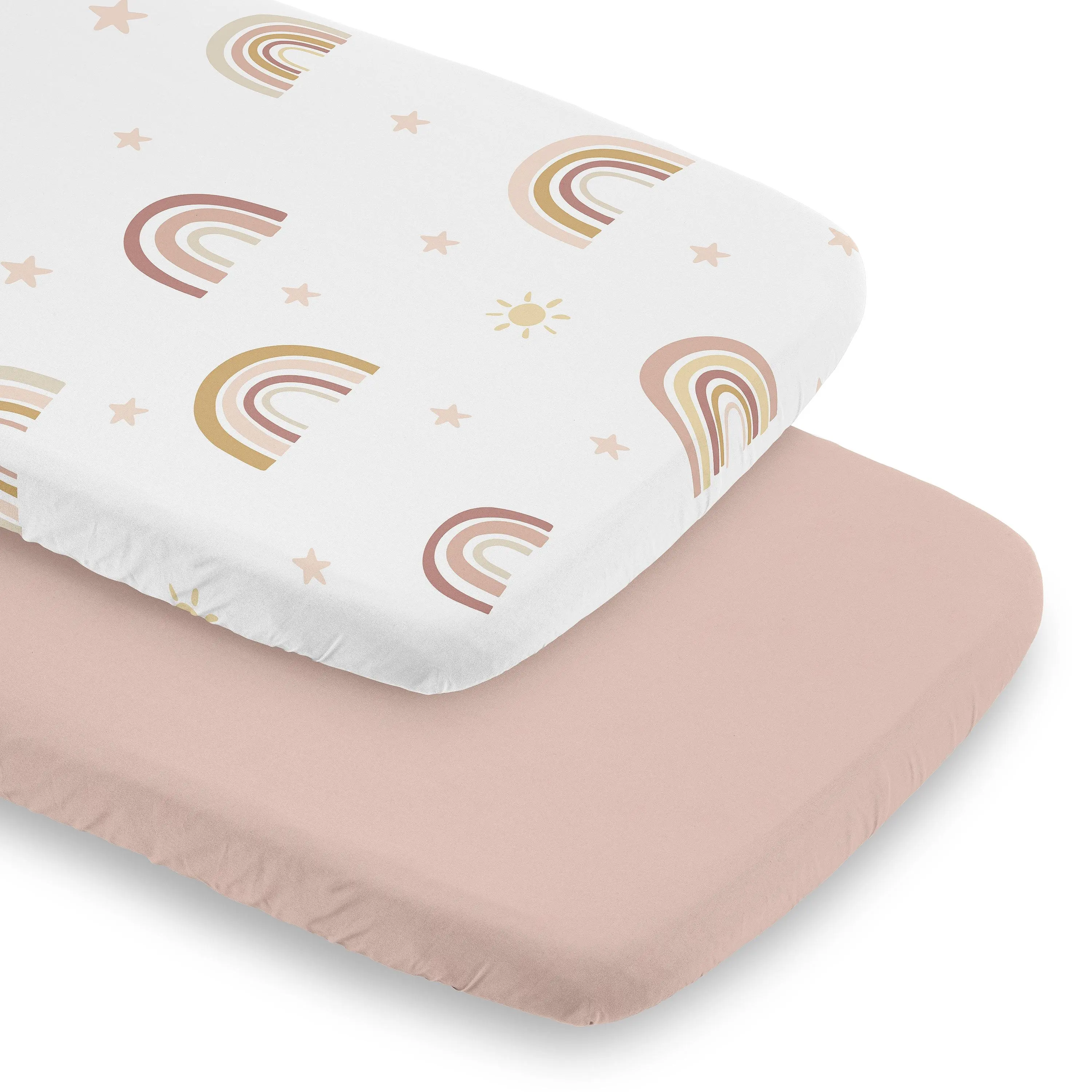 Sweet Jojo Designs Boho Rainbow Girl Baby Bassinet Sheets Fitted Sheet Set Infant Newborn Nursery Oval Rectangle Hourglass Mattress 2p Pink Yellow Bohemian Modern Neutral Vintage Stars Sun Celestial