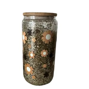 Floral Gold Glitter Snow Globe Cup with Bamboo Lid