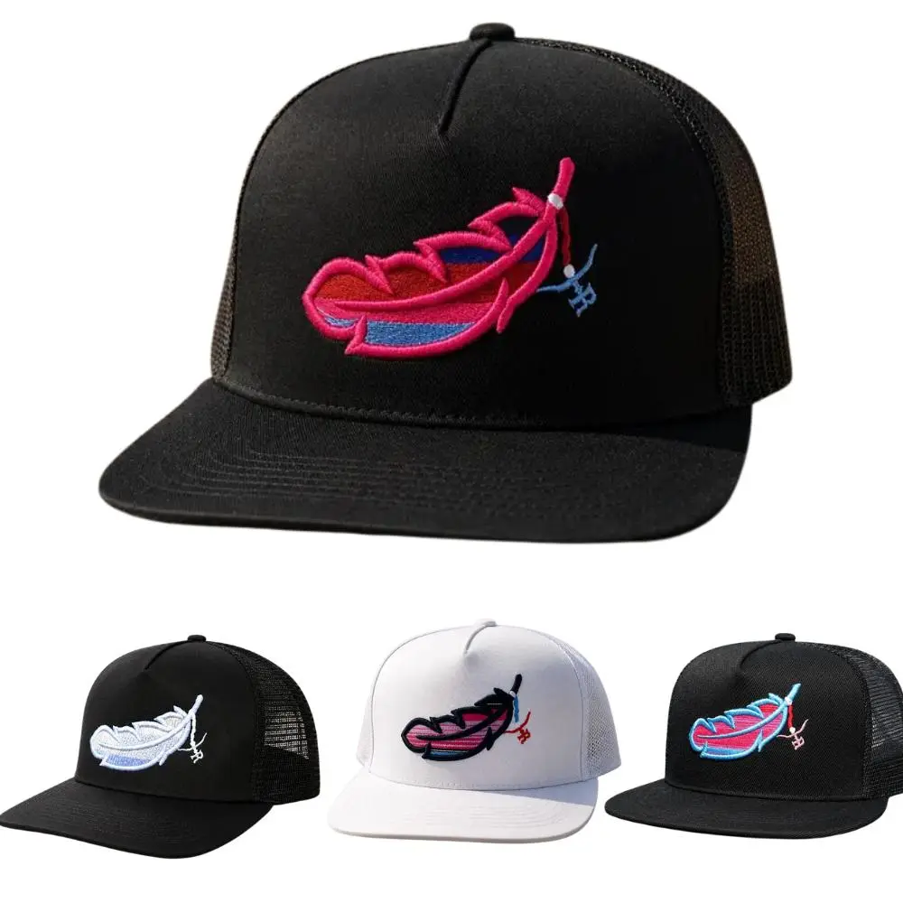 Feather Embroidered Black/White Trucker Hat Adjustable Mesh Snapback Baseball Cap for Men & Women Western Farm Outdoor Style