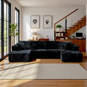 [Delivery of 3 items] [4 free throw pillows] 132-inch U-shaped modular modular sofa bed, textured cotton fabric material, suitable for living room, featuring a soft velvet fabric and deep seat design of convertible textured modular sofa bed