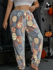 【Plus Size】 Glow in The Dark Halloween Reflective Pumpkin & Ghost Print Elastic Waist Sleep Pants, Casual Comfy Lounge Pants for Women, Women's Sleepwear for Fall, Pajama Pants