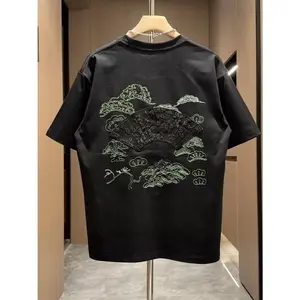 National Style Niche Three-Dimensional Embroidery Landscape Short-Sleeved T-Shirt Men's 2025 Summer New Fashion Trend Versatile Casual