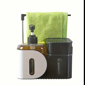 All-In-One Kitchen & Bathroom Liquid Soap Dispenser System, Press-Button Bottle & Sponge Holder, Heavy-Duty Plastic Multi-Function Organizer