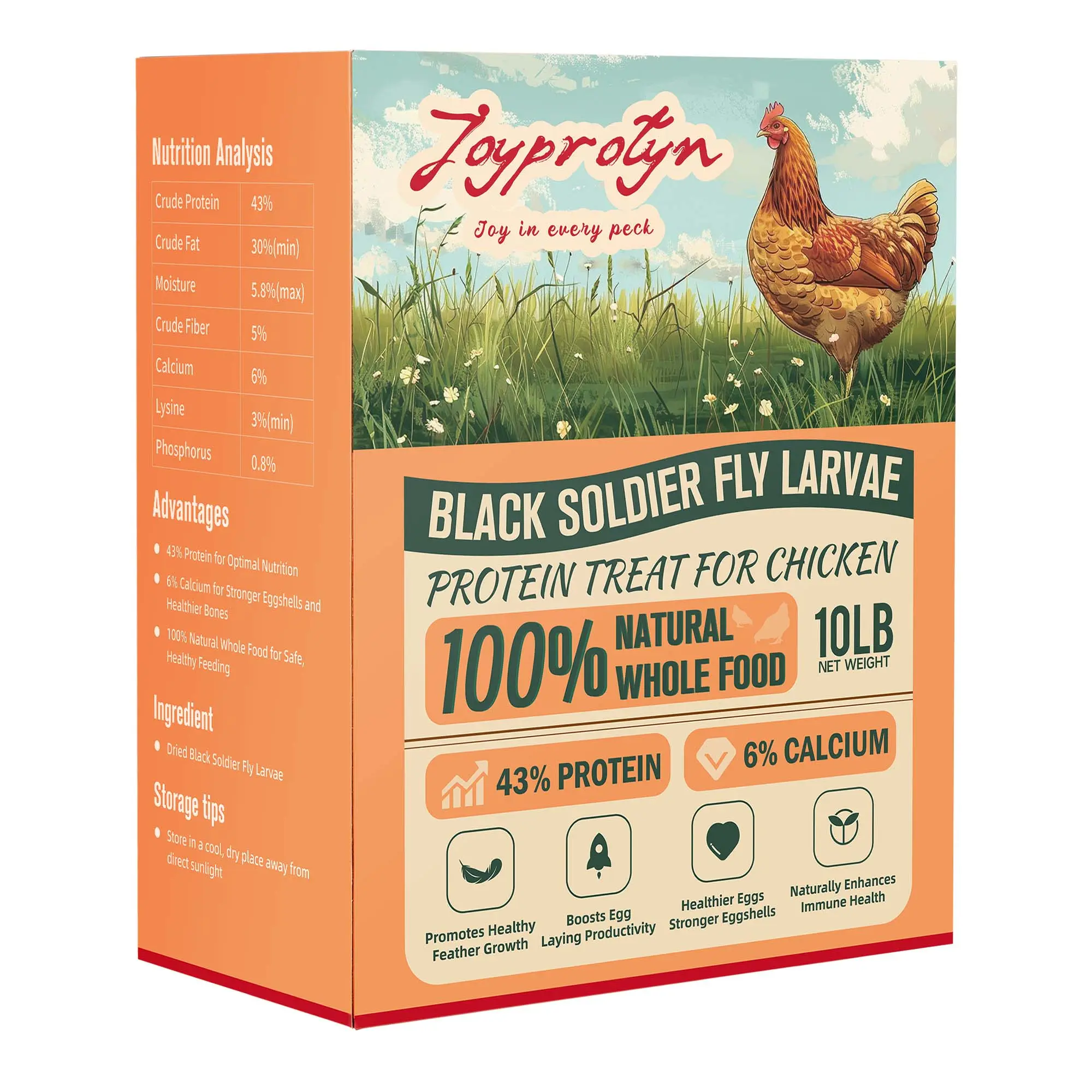 85X More Calcium Than Mealworms, 43% Protein, JOYPROTYN Black Soldier Fly Larvae (BSFL) for Chickens, Ducks, Birds & Reptiles, Non-GMO Natural Treat for Strong Eggshells, Healthy Feathers & Gut Health, 1/2/5/10/30LB