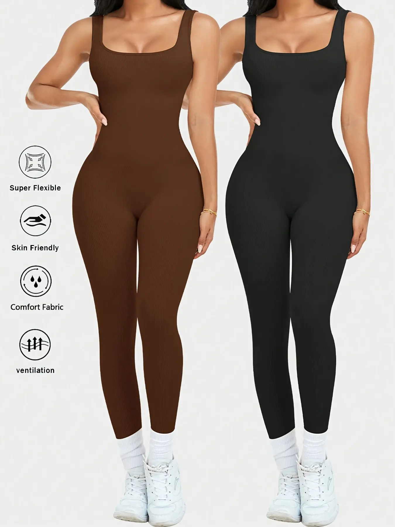 2 Pcs Womens Workout Rompers Solid Color Jumpsuits Stretchable Activewear Seamless Ribbed Yoga Gym One Piece Sleeveless Square Neck Tank Top Leggings Unitard Fitness Sport Outfits Sportswear Jumpsuit Tight Yoga Jumpsuit Sporty Yoga Jumpsuit