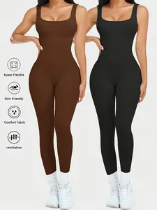 2 Pcs Womens Workout Rompers Jumpsuits Seamless Ribbed Yoga Gym One Piece Sleeveless Square Neck Tank Top Leggings Unitard