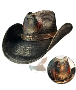 Austin Handmade Handmade Straw Cowboy Hat Black Western Hat with Painted Eagle Tooling Eagle Leather Band Concert Cowgirl Hat