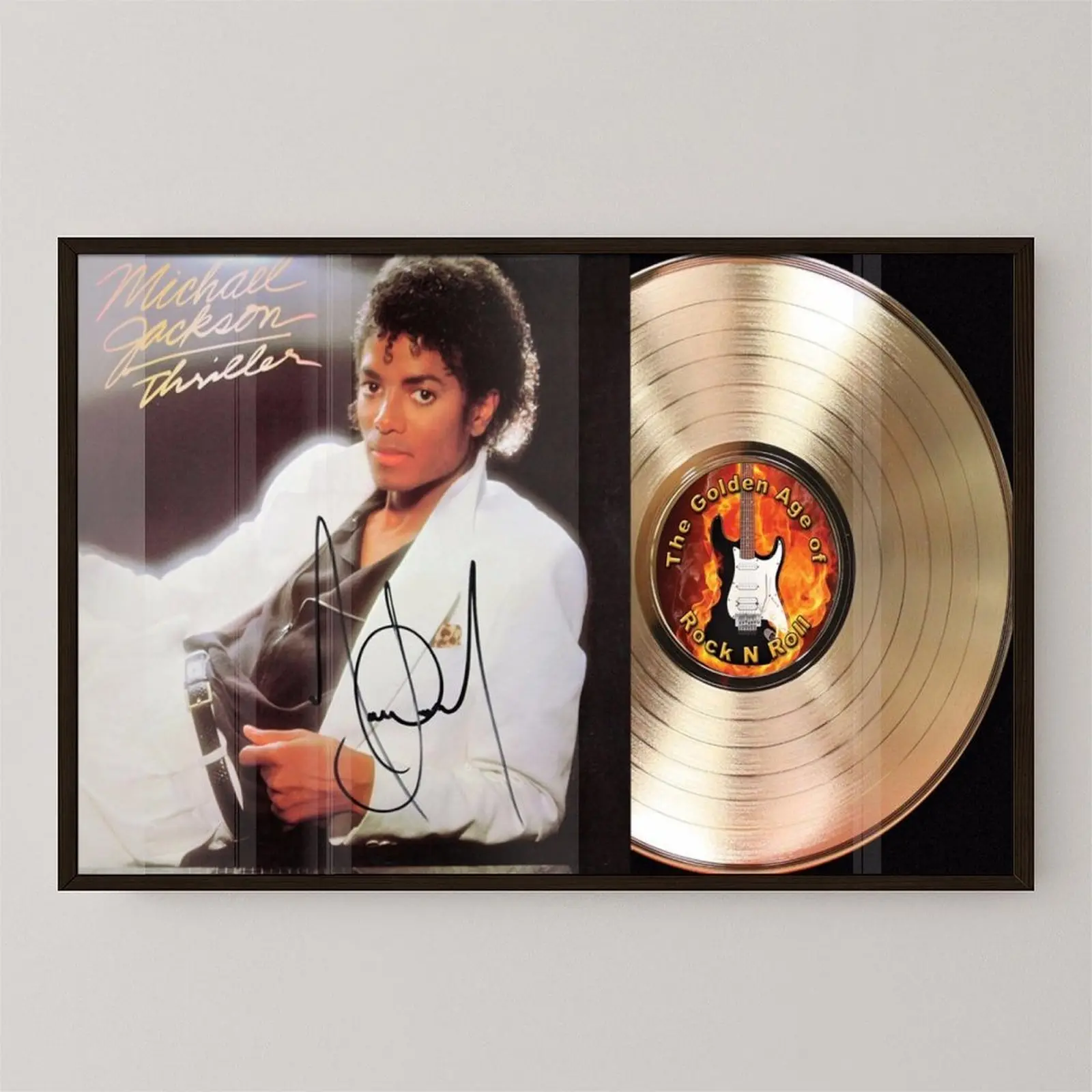 Michael Jackson Thriller Signed Gold Record Canvas Wall Art - MJ Classic Album Vinyl Print, Pop Music Legend Decoration for Music Room, Framed/Unframed Multi-Size Home Decor Poster