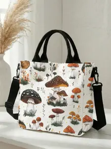 mushroom plant pattern 2D printed fashion crossbody bag, Fashionable Daily Crossbody, adjustable shoulder strap + snap closure, students/workforce/street shopping