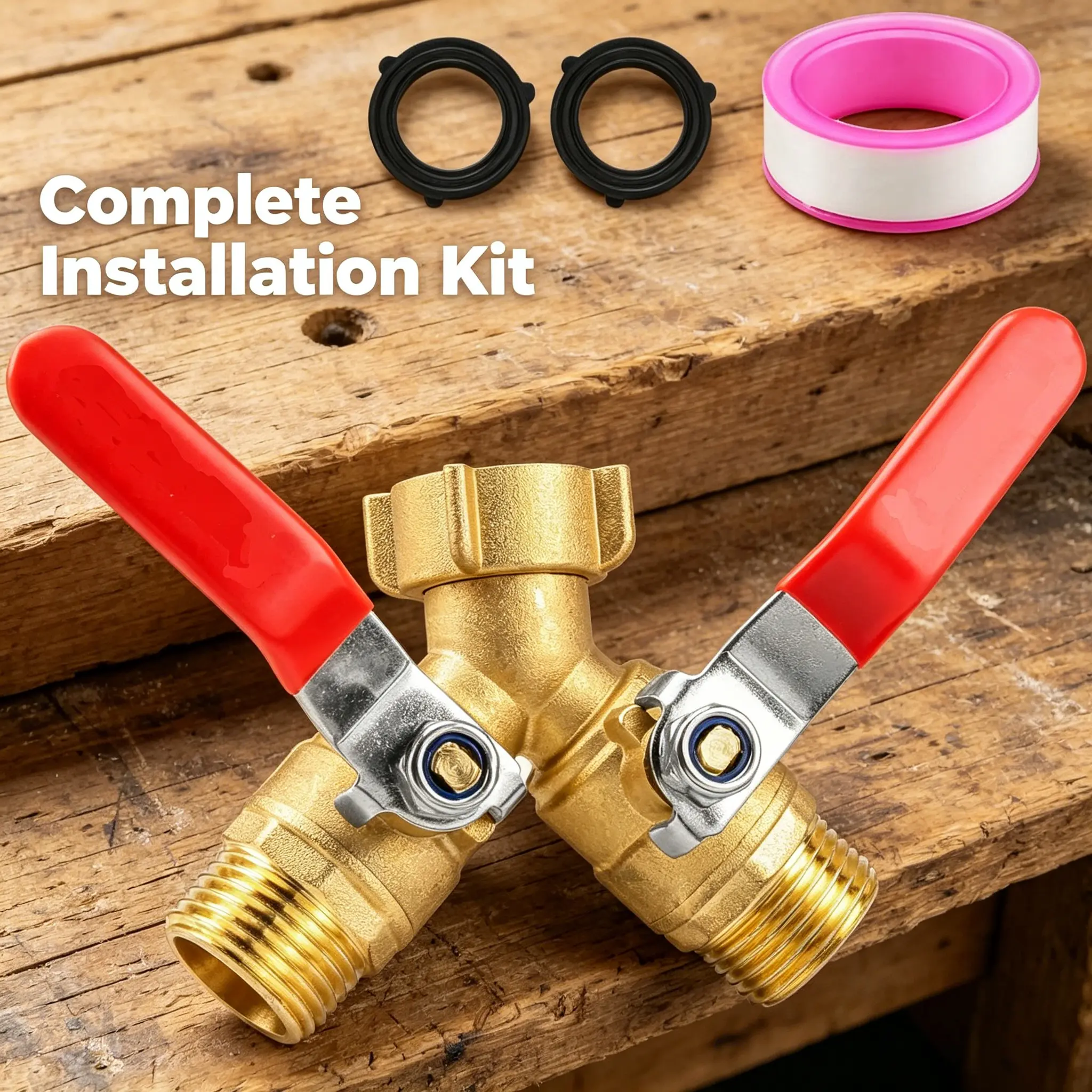 3/4 in Brass Y-Splitter Ball Valve Hose Connector Set, Dual-Outlet Water Hose Connector with Independent Shut-Off Handles, Enhanced Sealing Kit with Extra Gaskets & PTFE Tape for Outdoor Garden Faucets