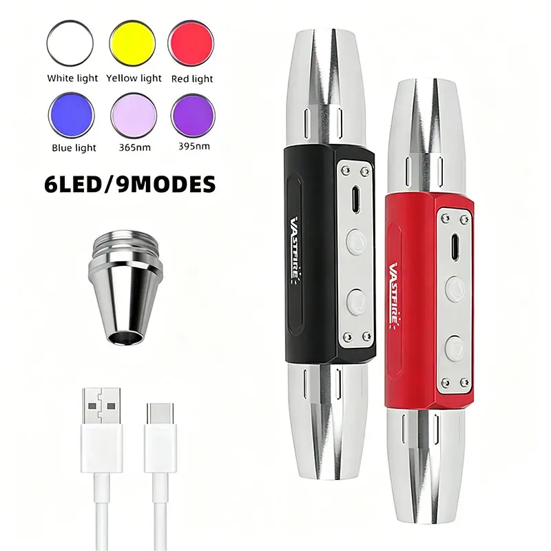 VASTFIRE Professional Jewelry Inspection LED Flashlight - High Power Flashlights, 6-in-1 365nm-395nm UV LED Lights, 304 Stainless Steel Head, Waterproof, Lithium Battery, Dual Headed Torch for Jade Identification, Caving