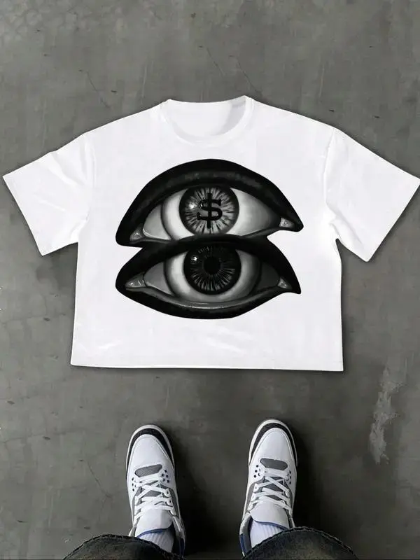Men's Eye Print Round Neck Crop Tee, Regular Fit Casual Short Sleeve Crew Neck T-Shirt for Daily Wear, Fashion Men's Top for Summer, Tropical streetwear tee gift north west outfits jesus  shirts