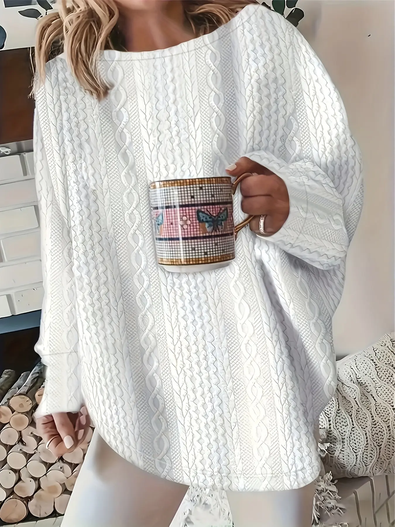 Comfortable Plus Size Women's Basic Casual Loose Oversize Chunky Knitwear Fabric Long Sleeve T-Shirt, Polyester Round Neck Pullover, Suitable for Spring Summer Fall, Daily Wear Knitwear