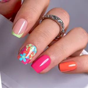 Neon Bloom Press-On Nails – Vibrant Neon Pink, Orange, and Green with Colorful 3D Floral Accents, Glossy Finish, Long Square Shape, Easy Application, Durable and Reusable False Nails for Women, Perfect for Parties, Vacations, and Trendy Everyday Looks