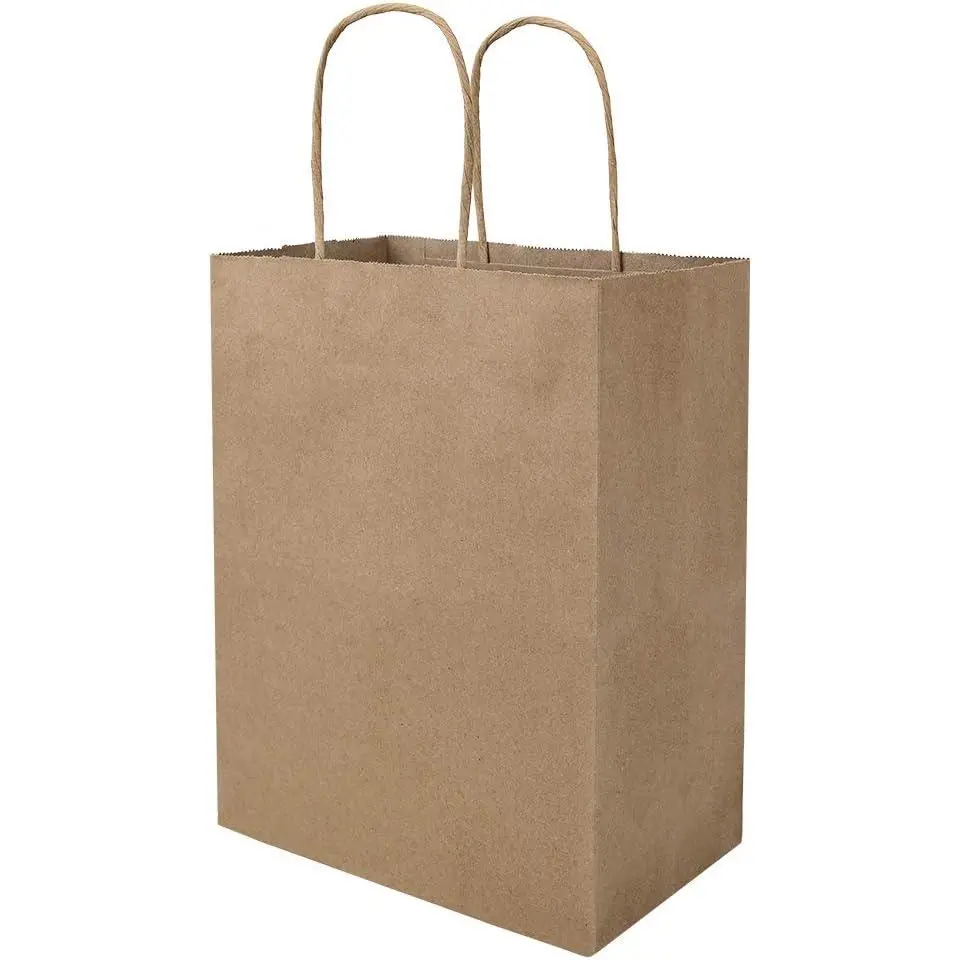 100-Pack Thick Brown Craft Paper Bags with Handles, 8x4.75x10 Inches Plain Medium Biodegradable Sacks for Happy Birthday Gifts, Business Use, Home Supplies
