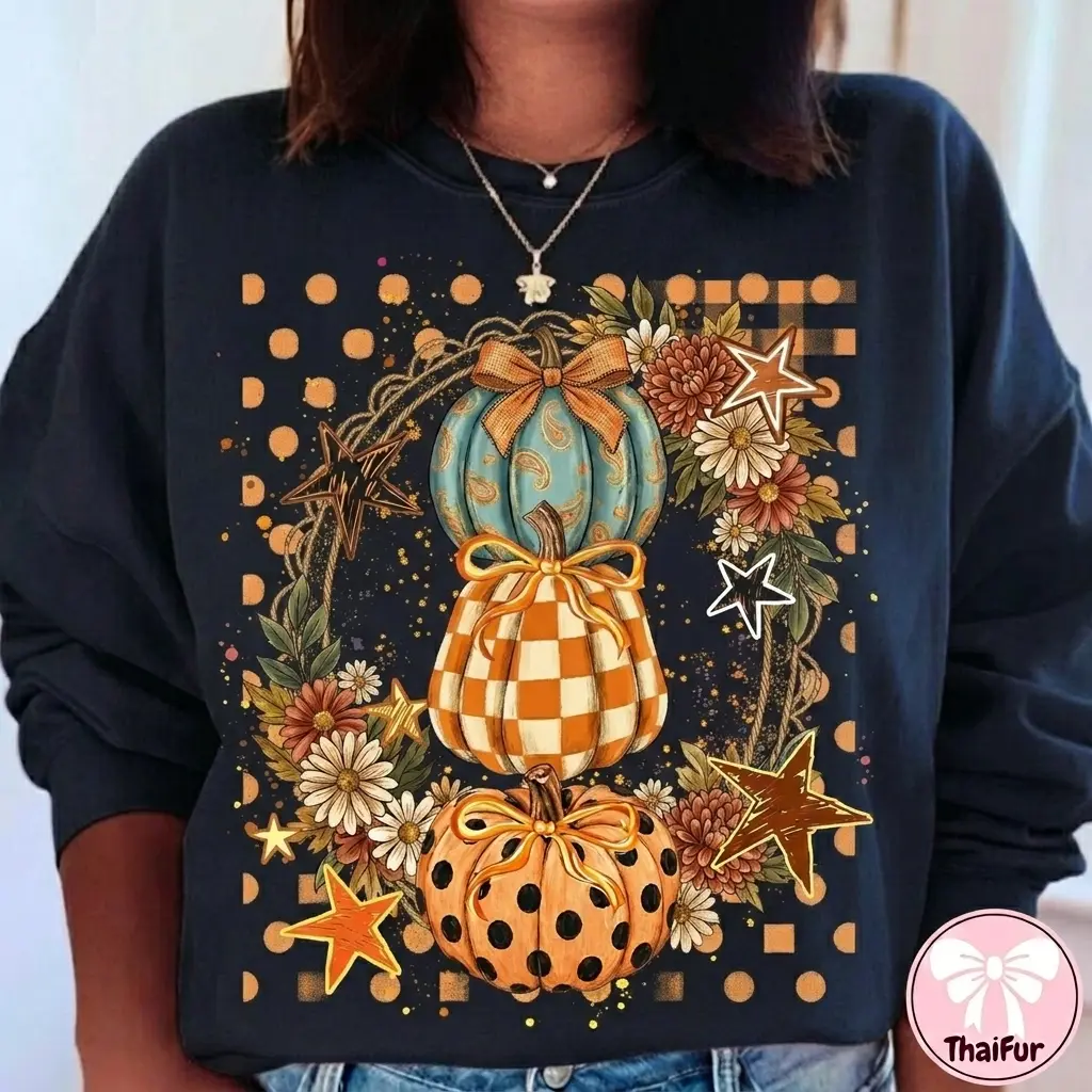 Coquette Pumpkin Fall Sweatshirt, Cute Bow Pumpkin Graphic Shirt, Floral Autumn Halloween Crewneck for Women