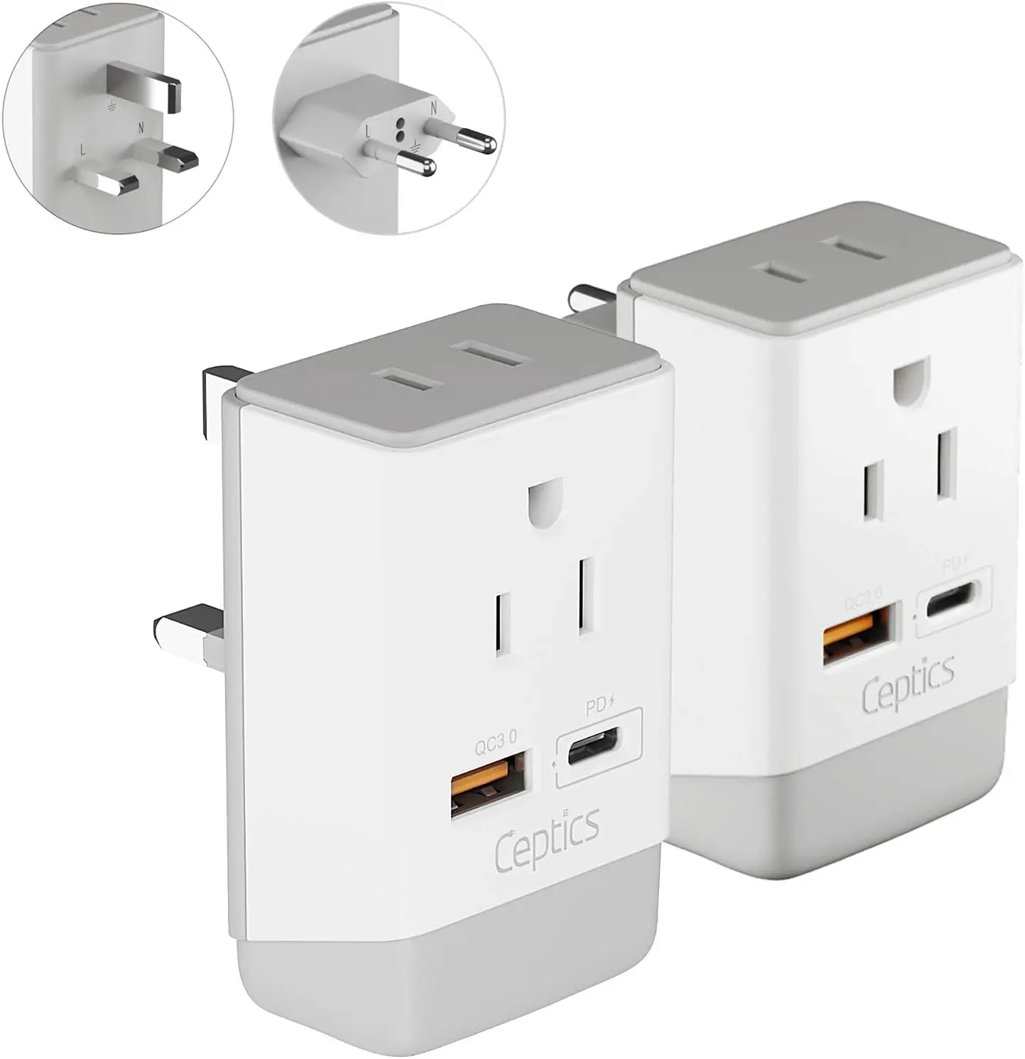 European Travel Adapter Combo | Type C & Type G - USB-A & USB-C Ports + 2 USA Outlet (AP-9C-7-PK)