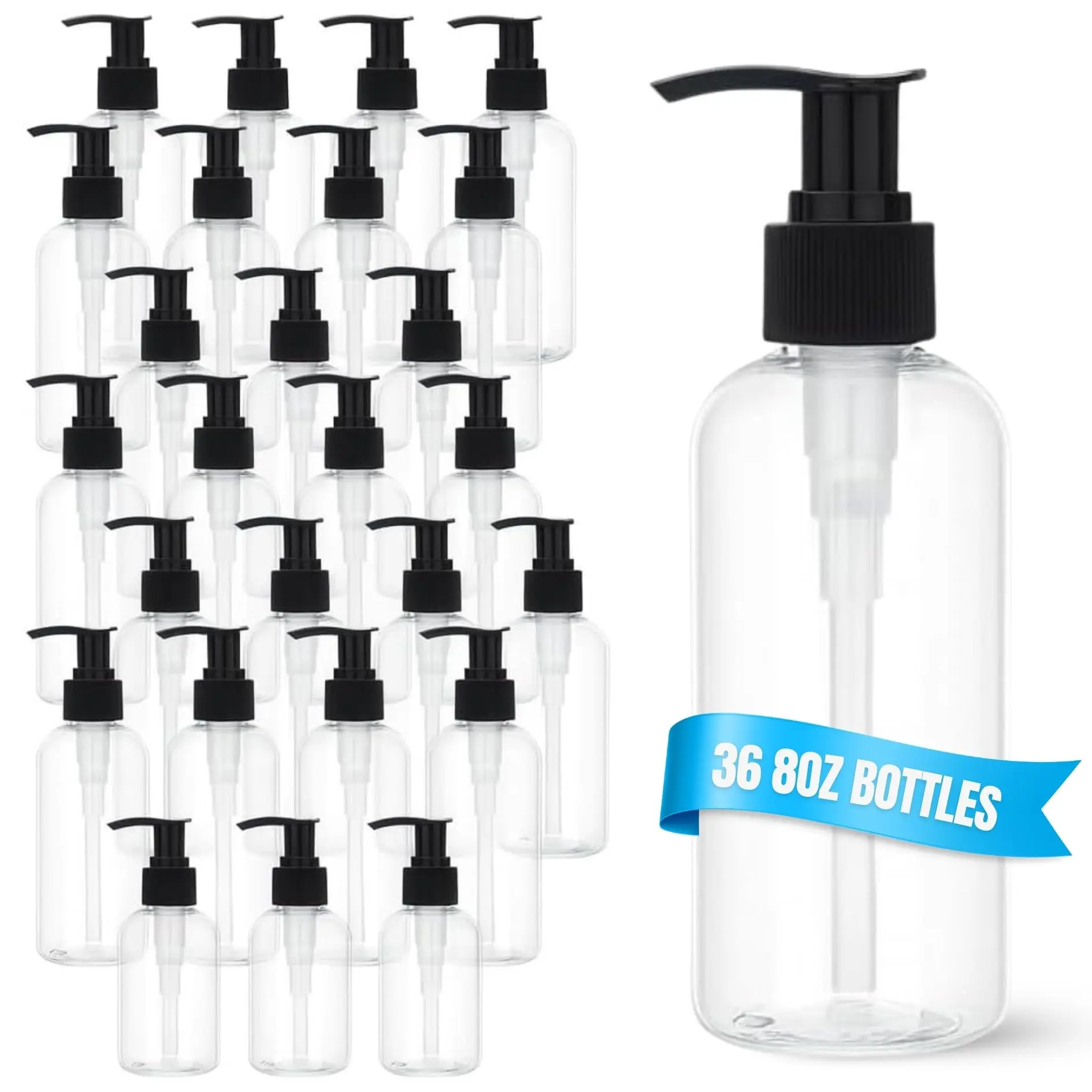 ReGar 36 Pack Clear 8oz Pump Bottles for Lotion Shampoo Soap Refillable Plastic Containers with Locking Dispenser Travel Toiletry Essentials TSA Approved