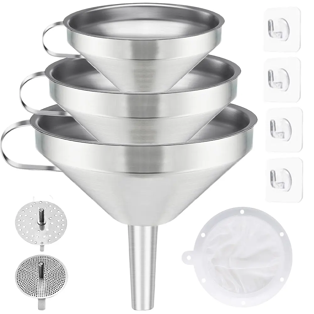 3 Pack Premium Food Grade Stainless Steel Kitchen Funnel Set - Metal & Nylon Strainers (2 Removable, 200 Mesh), Handles, 4 Adhesive Hooks for Home, Crafts, Labs Liquid/Dry Ingredient Transfer (Kitchen Utensils)