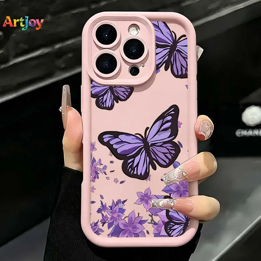 Aesthetic Purple Butterfly & Flower Matte Silicone Protective Casing - Compatible with Galaxy S25,S24,S23,S22,S21 (Plus,FE,Ultra),A33 & iPhone 17 Pro Max,16,15,14,13 - Stylish Cellphone Devices Accessory, Perfect Birthday/Holiday Gift, Durable, Protection