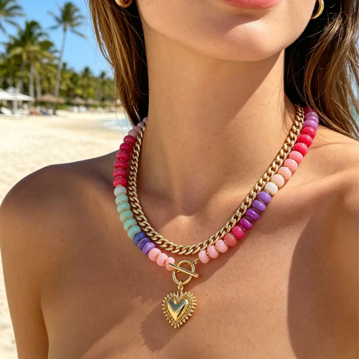 Women Dopamine Style Layered Heart Necklace, Beaded Choker with Tangle-Free Single Clasp, Dainty Cute Boho Summer Beach Accessory, Ideal Jewelry Gift for Her