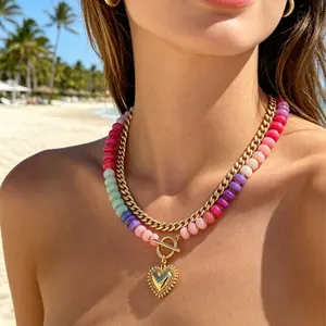 Women Dopamine Style Layered Heart Necklace, Beaded Choker with Tangle-Free Single Clasp, Dainty Cute Boho Summer Beach Accessory, Ideal Jewelry Gift for Her