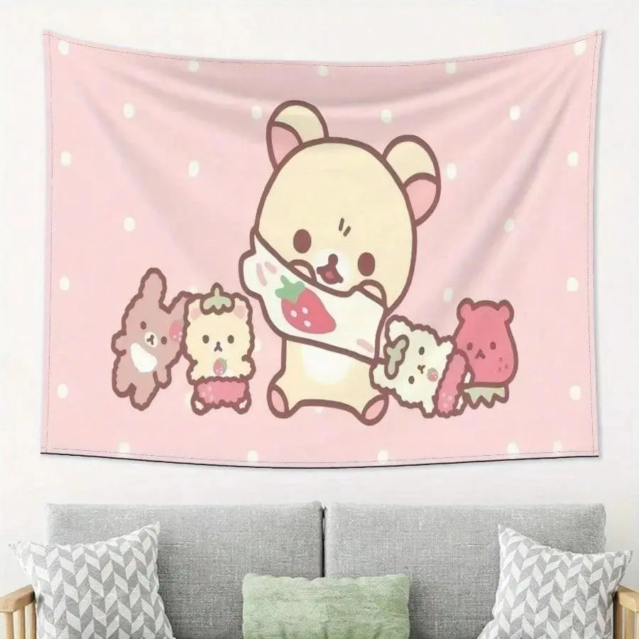 Kawaii Strawberry Bear Decorative Tapestry - Polyester Print, Pink Polka Dot, Cute Animal Design, Bedroom Wall Decor, Perfect Room Decor Gift for Home Supplies