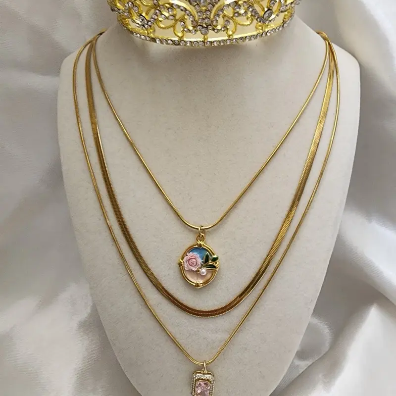 Stainless Steel  3 layers Vintage Design Chain Necklace with Pendants- 16" inches & up to 18 inches with extension