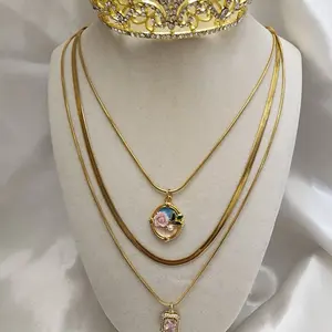 Stainless Steel  3 layers Vintage Design Chain Necklace with Pendants- 16" inches & up to 18 inches with extension