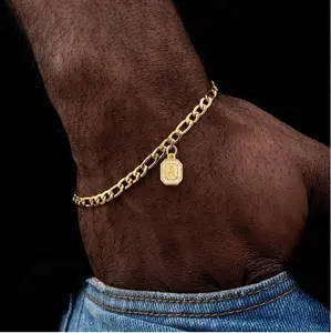 1pc New Vintage Pave Zirconia Block Initial Pendant  Stainless Steel Chain Bracelet For Men