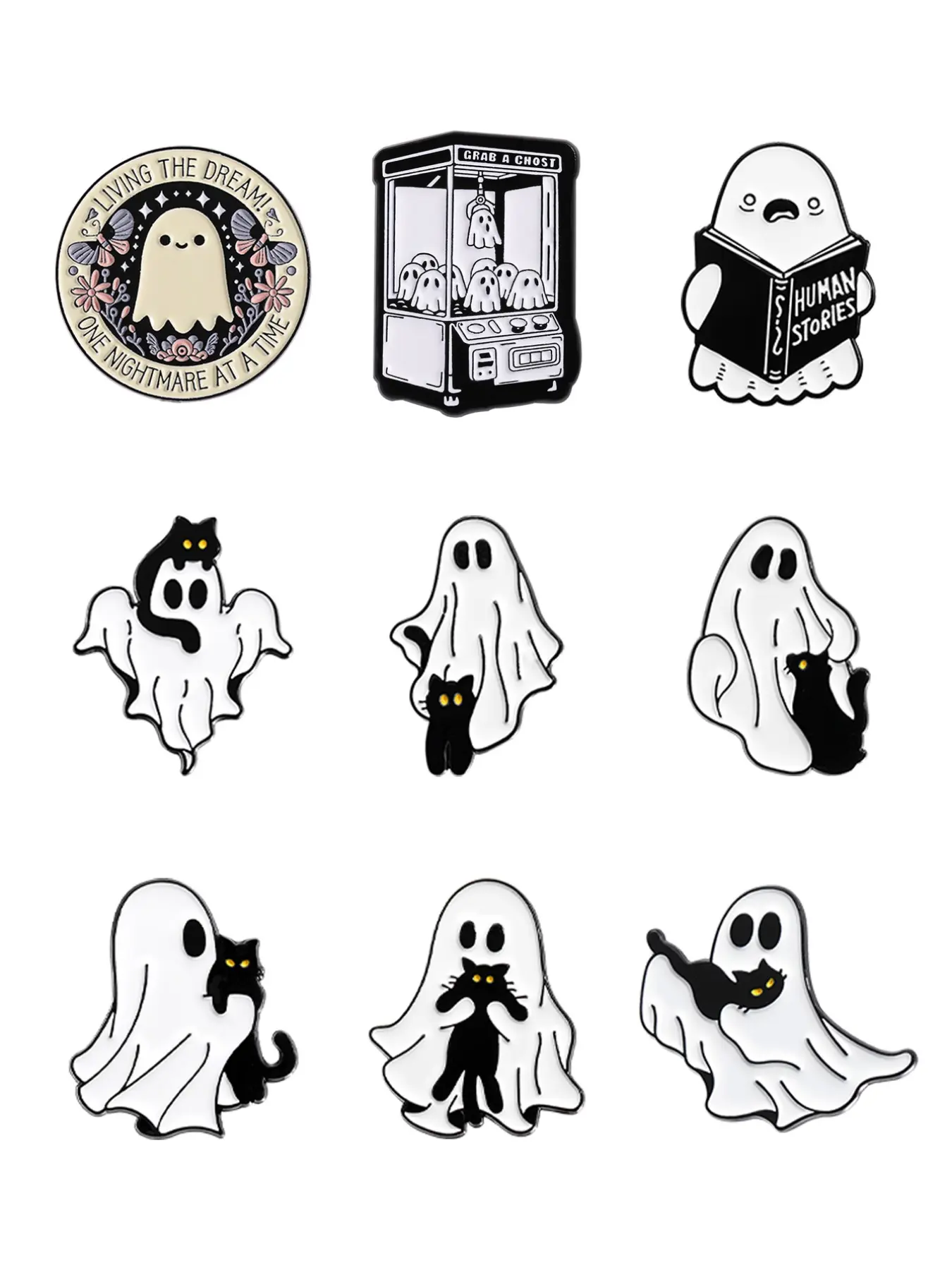 9-Piece Ghost Theme Badge Set, Cute Dark Style Halloween Accessories, Backpack Pin Decoration Kit, Alloy Brooch Pin, Brooch Pin Clip, Lapel Pins, Collectible Pins, Perfect Gift for Horror Fans, Fashion Accessory, Shaped Badges
