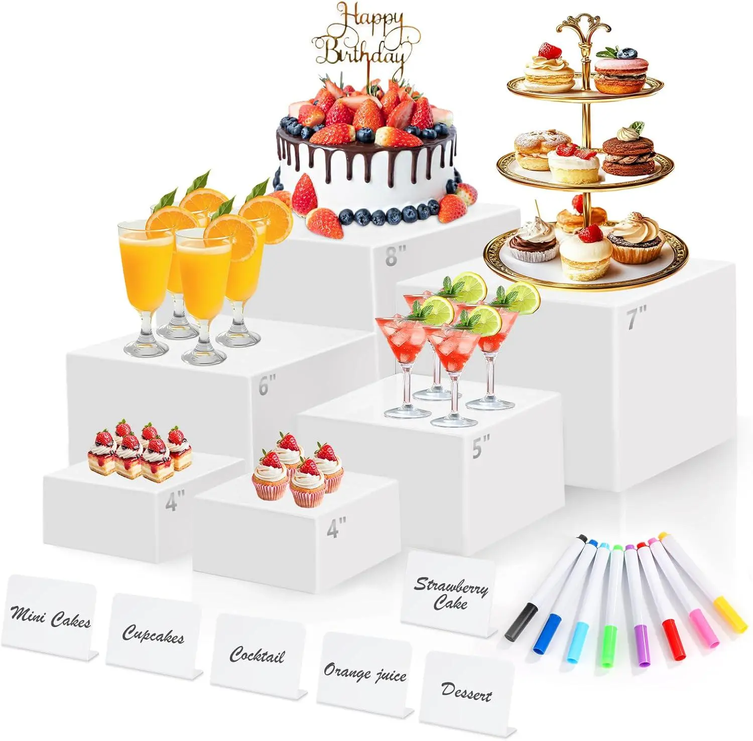 Modern White Acrylic Multi-Size Buffet Riser Set (10/6Pcs), Hollow-Bottom Nesting Cube Stands (8/7/6/5/4/4in) with 6 Mini Signs Incl & Marker, for Buffet Table, Party - Home Improvement Building Supplies, Home Supplies, Display
