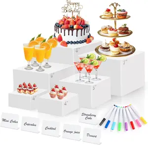 6Pcs White Acrylic Buffet Risers with Mini Sign and Maker, Food Display Stands for Buffet Table Party Catering Dessert Jewelry Collectibles,Nesting Cube Boxes with Hollow Bottoms (8/7/6/5/4/4inch) - Home Improvement.